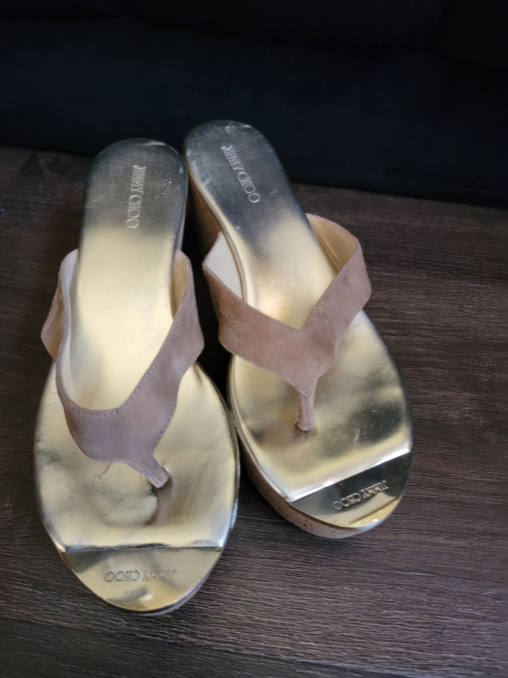 Jimmy Choo Women’s Gold Footbed Suede Tan Wedge Sandals